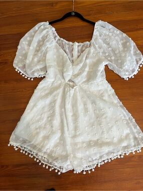 SHEIN White Textured Fabric Romper with Pom-Pom Detail